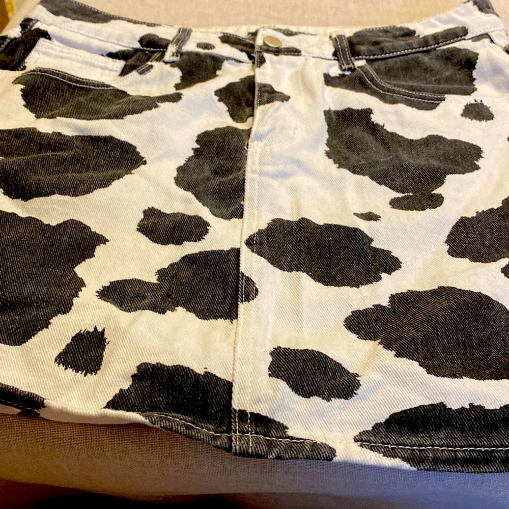 Animal Print Denim Skirt - Black & White (Cow Print)
